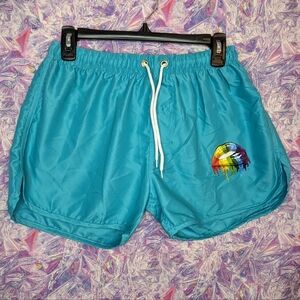 Teal Blue Track Short With Rainbow Lip Graphic And Tie Waist